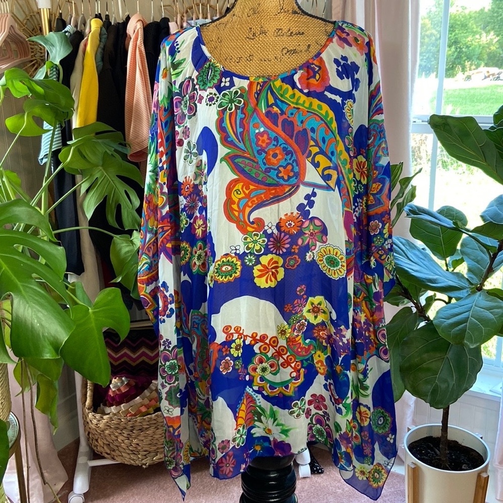 Beige by ECI Floral Tunic Paisley Poncho Top Sz XL